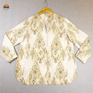 Chico's Popover Blouse Top Tan Abstract Print Metallic Boho Women's Plus Size 3
